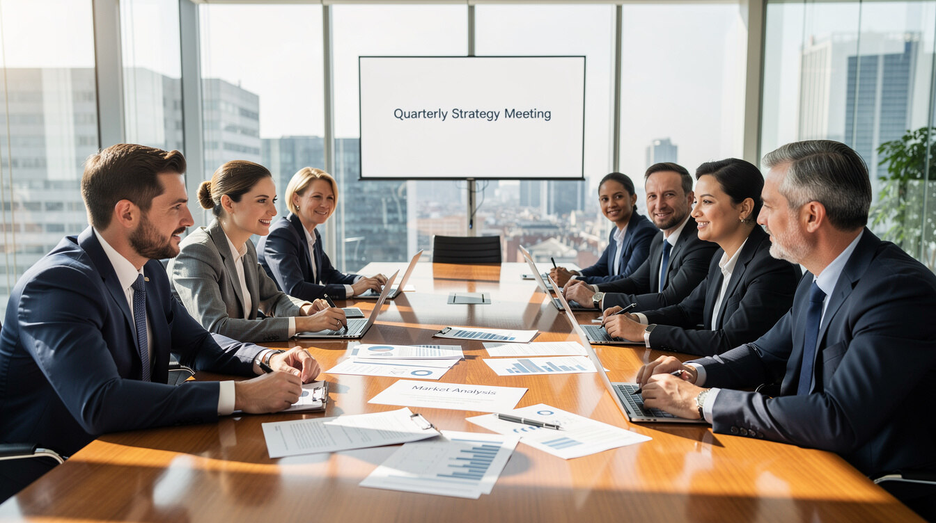 Business executives discussing around a boardroom table