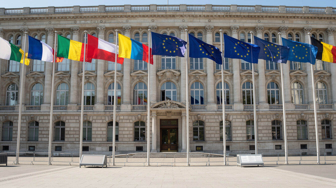 European institutional building with flags in front