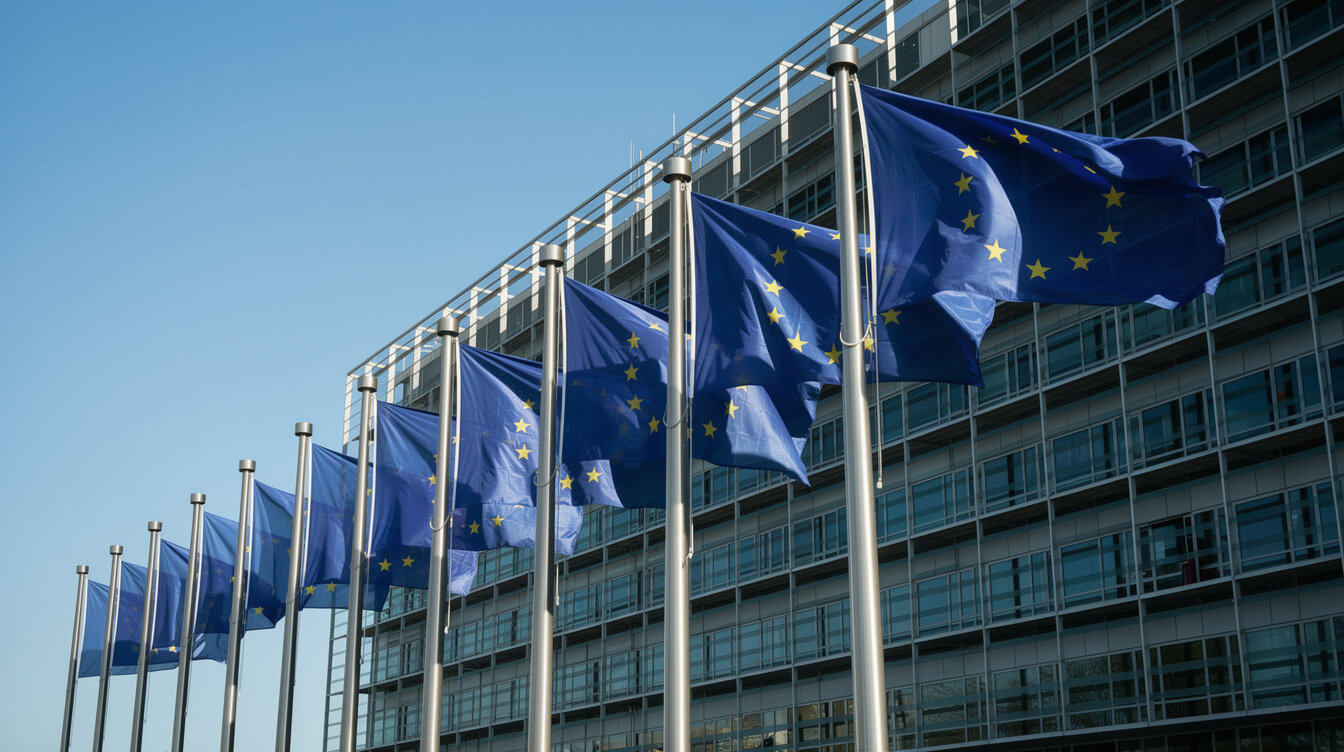 European Union flags waving in front of an institutional building