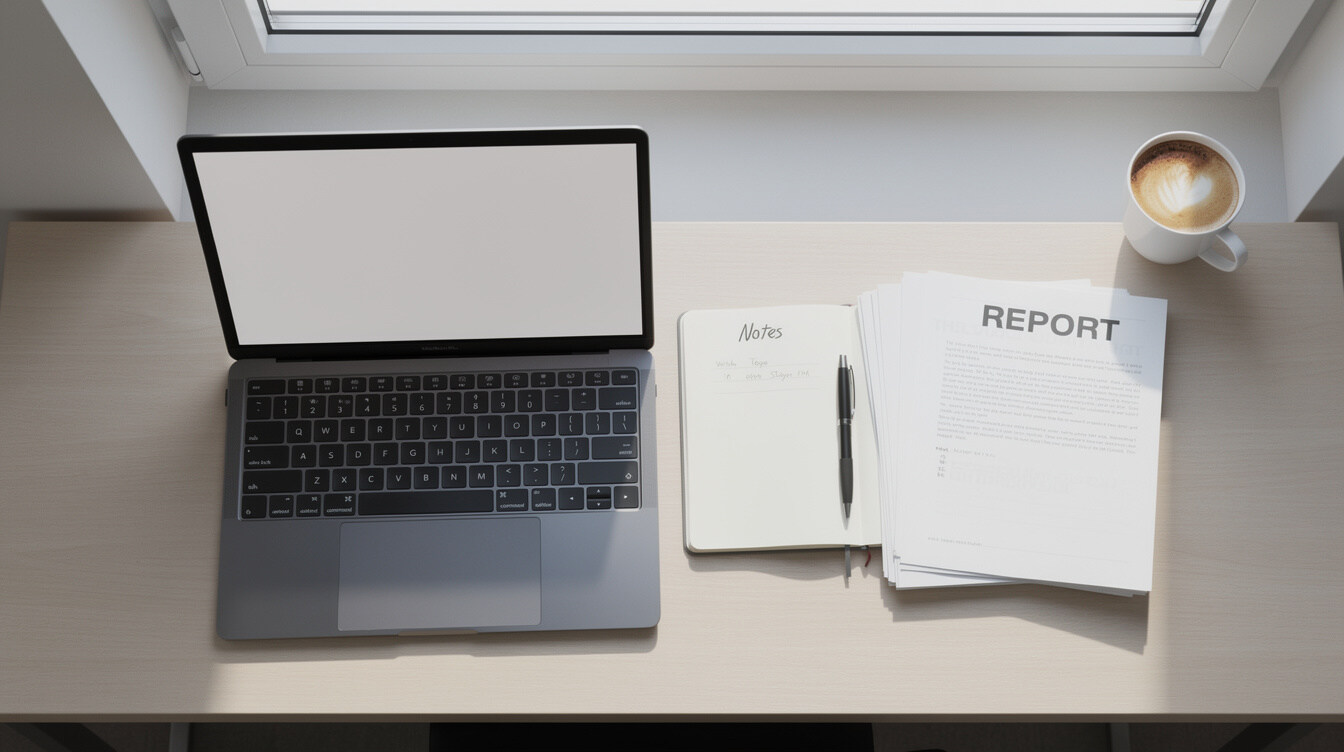 Desk with laptop, notebook and documents from above