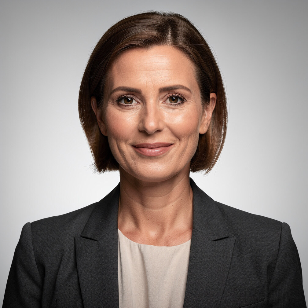 Studio portrait of a professional woman with short brown hair