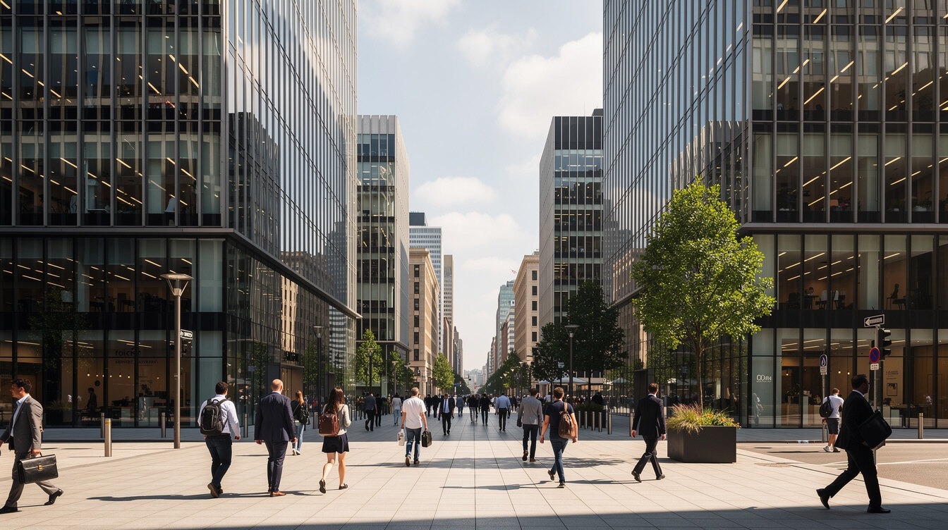 Modern business district street with glass office towers