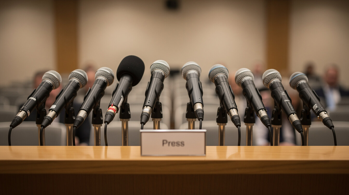 Row of microphones at a press conference podium