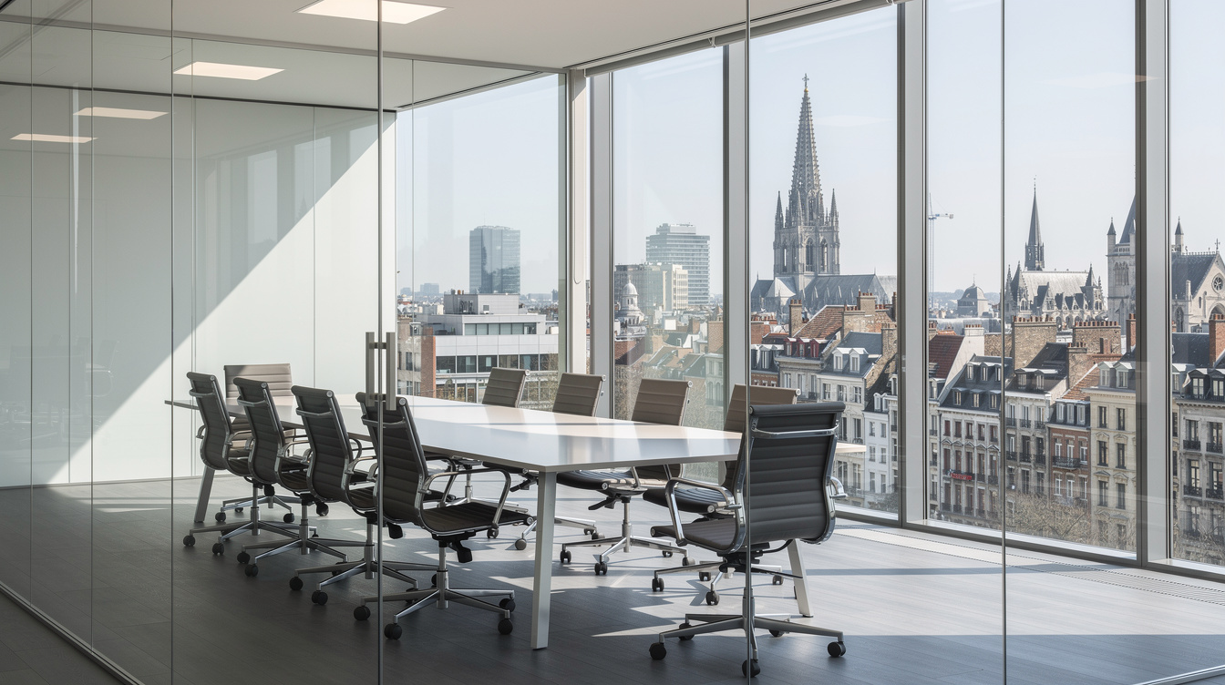 Modern glass conference room with a view over a European city skyline