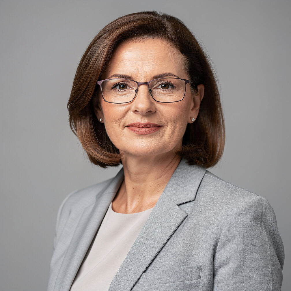 Studio portrait of a woman with glasses and blazer