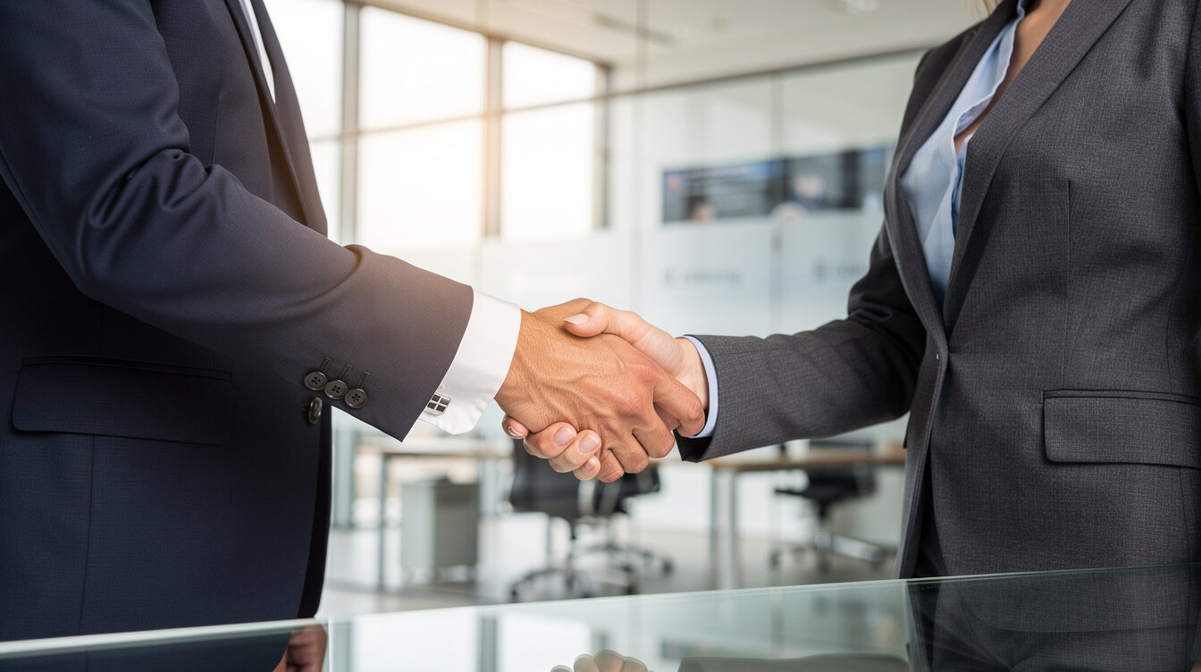 Two business professionals shaking hands in an office